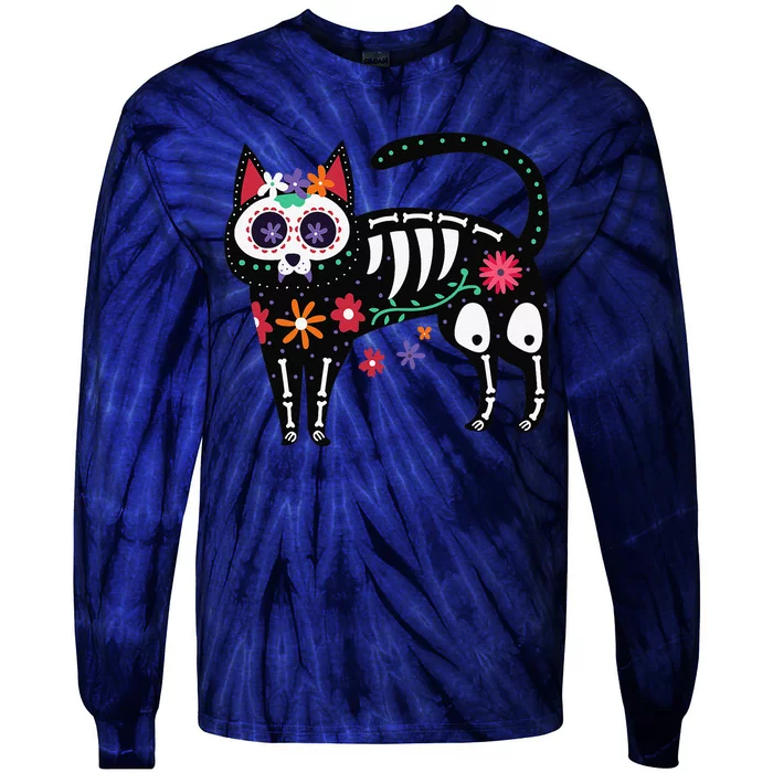 Sugar Skull Black Cat Day Of Dead Cute Mexican Skeleton Tie-Dye Long Sleeve Shirt