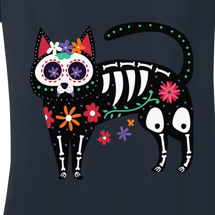 Sugar Skull Black Cat Day Of Dead Cute Mexican Skeleton Women's V-Neck T-Shirt