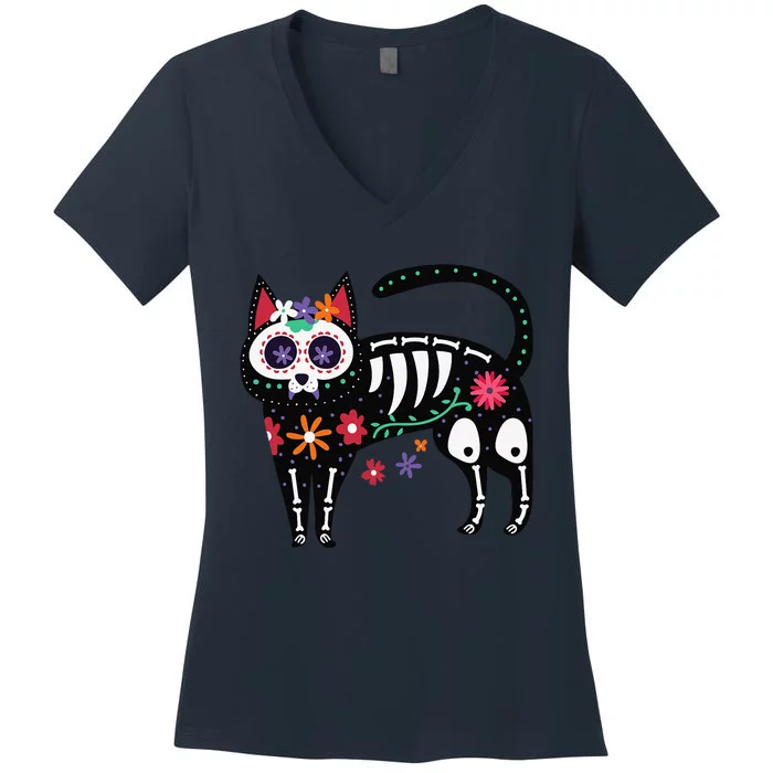 Sugar Skull Black Cat Day Of Dead Cute Mexican Skeleton Women's V-Neck T-Shirt