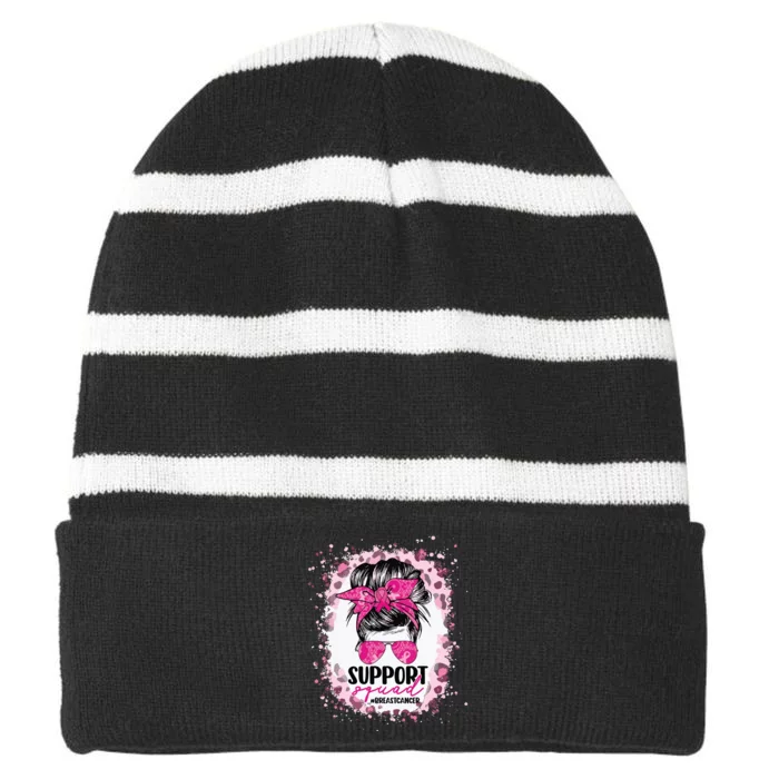 Support Squad Breast Cancer Awareness Messy Bun Pink Ribbon Long Sleeve Striped Beanie with Solid Band