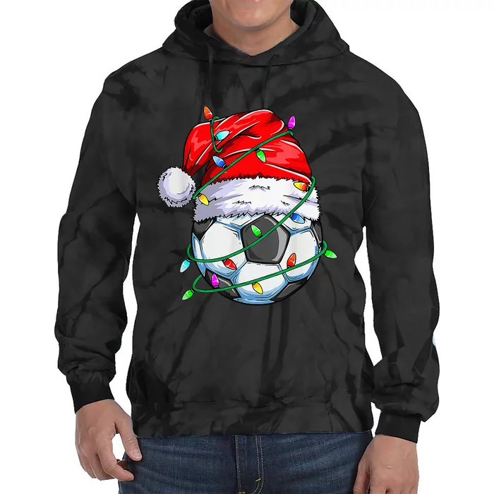 Santa Soccer Ball Christmas Lights Funny Sports Pajama Xmas Tie Dye Hoodie