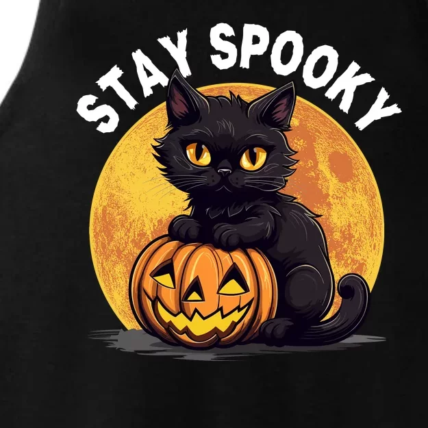 Stay Spooky Black Cat Full Moon Pumpkin Spooky Boo Cute Cat Funny Halloween Ladies Tri-Blend Wicking Tank