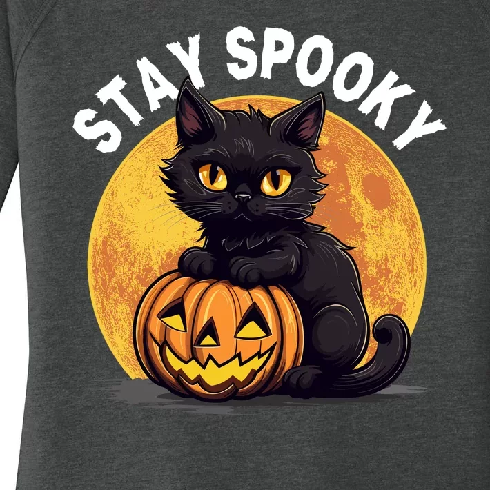 Stay Spooky Black Cat Full Moon Pumpkin Spooky Boo Cute Cat Funny Halloween Women's Perfect Tri Tunic Long Sleeve Shirt