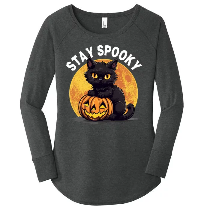 Stay Spooky Black Cat Full Moon Pumpkin Spooky Boo Cute Cat Funny Halloween Women's Perfect Tri Tunic Long Sleeve Shirt