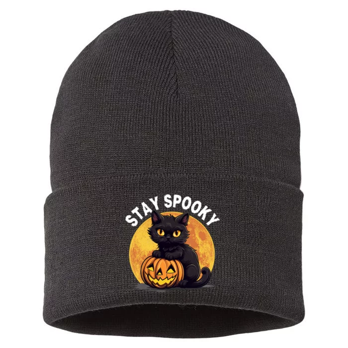 Stay Spooky Black Cat Full Moon Pumpkin Spooky Boo Cute Cat Funny Halloween Sustainable Knit Beanie