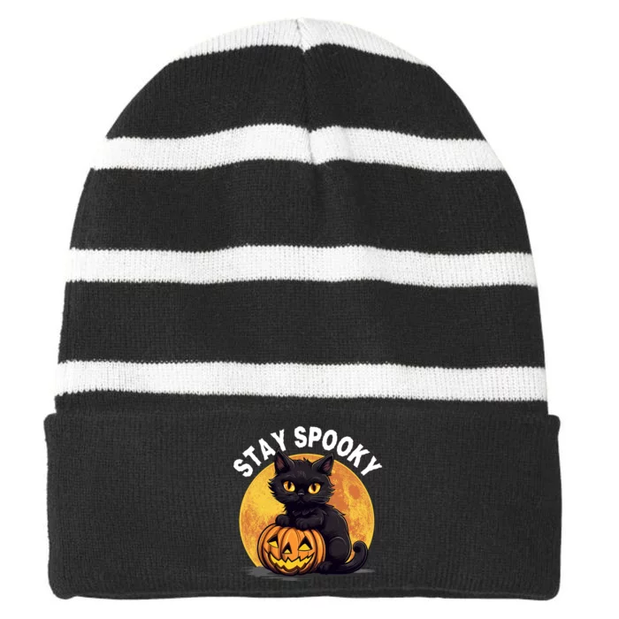 Stay Spooky Black Cat Full Moon Pumpkin Spooky Boo Cute Cat Funny Halloween Striped Beanie with Solid Band