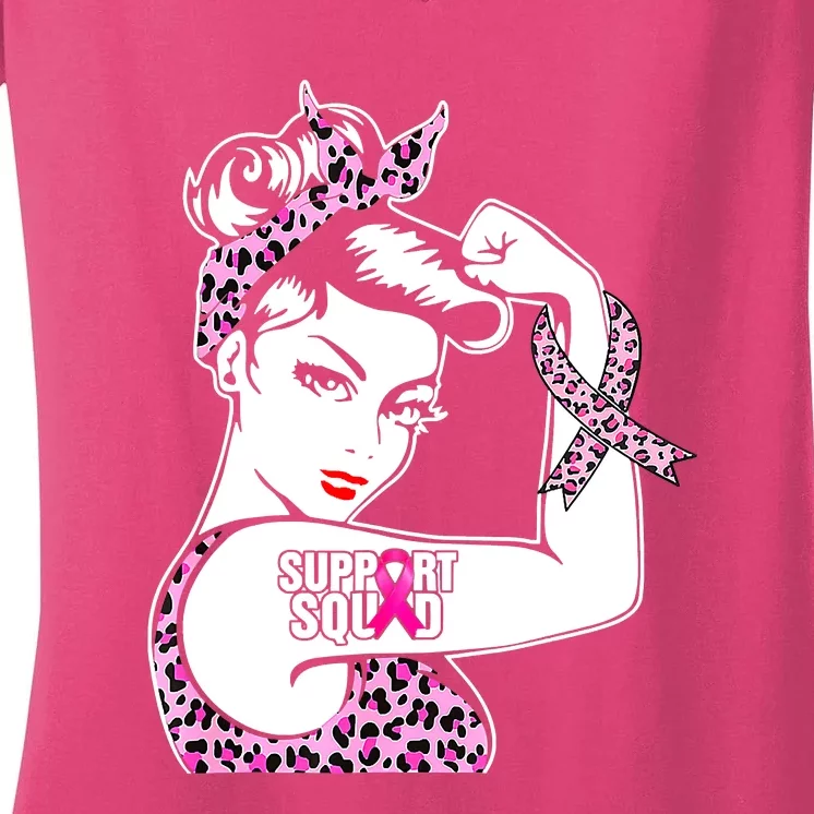 Support Squad Breast Cancer Warrior Pink Ribbon Leopard Women's V-Neck T-Shirt