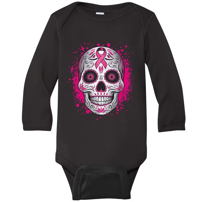 Sugar Skull Breast Cancer Shirts Awareness 2024 Baby Long Sleeve Bodysuit