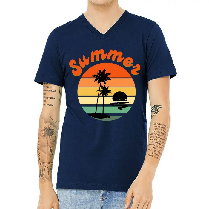 Summer Sunset Beach Retro Vacation V-Neck T-Shirt