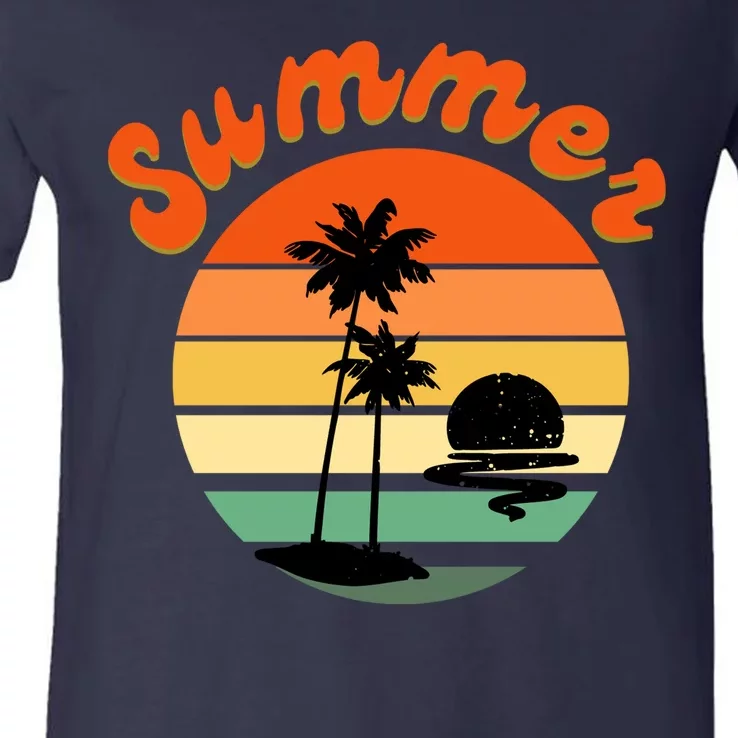 Summer Sunset Beach Retro Vacation V-Neck T-Shirt