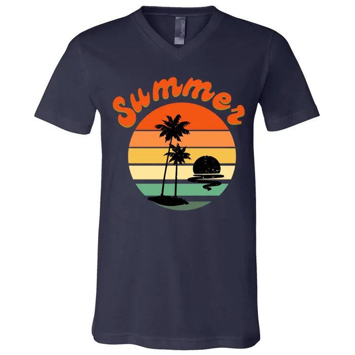 Summer Sunset Beach Retro Vacation V-Neck T-Shirt