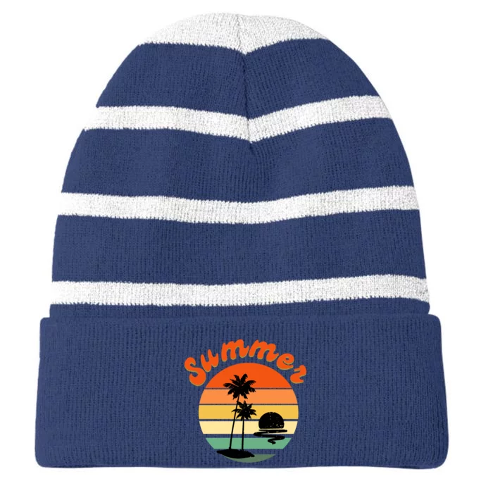 Summer Sunset Beach Retro Vacation Striped Beanie with Solid Band