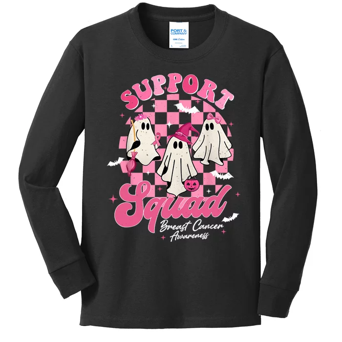 Support Squad Breast Cancer Ghost Halloween Pink Ribbon Kids Long Sleeve Shirt