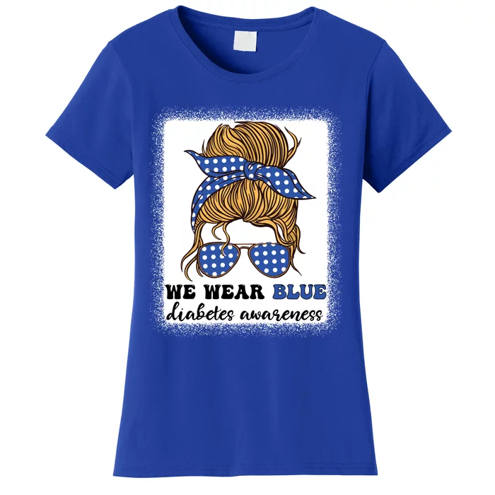 Support Squad Blue Ribbonmeaningful Giftmessy Bun Diabetes Awareness Gift Women's T-Shirt