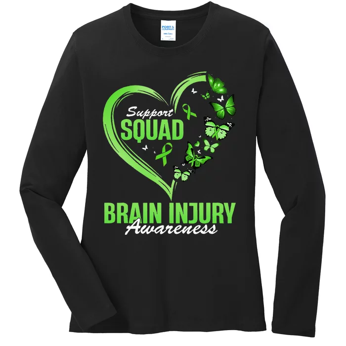 Support Squad Brain Injury Awareness Butterfly Heart Ladies Long Sleeve Shirt