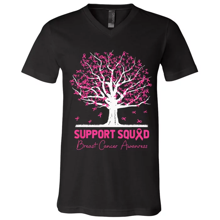 Support Squad Breast Cancer Awareness Fall Tree Pink Ribbon V-Neck T-Shirt