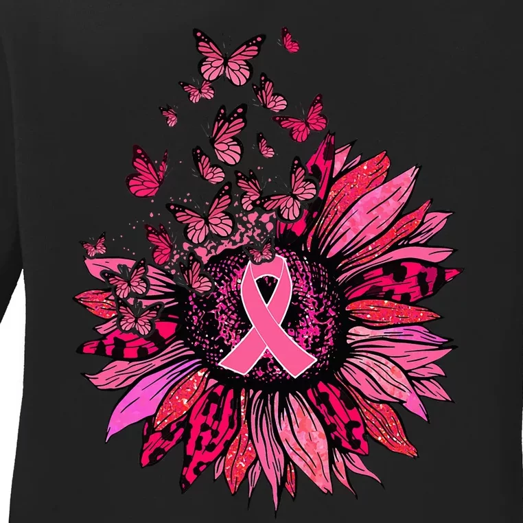 Support Squad Breast Cancer Awareness Ribbon Butterfly Ladies Long Sleeve Shirt