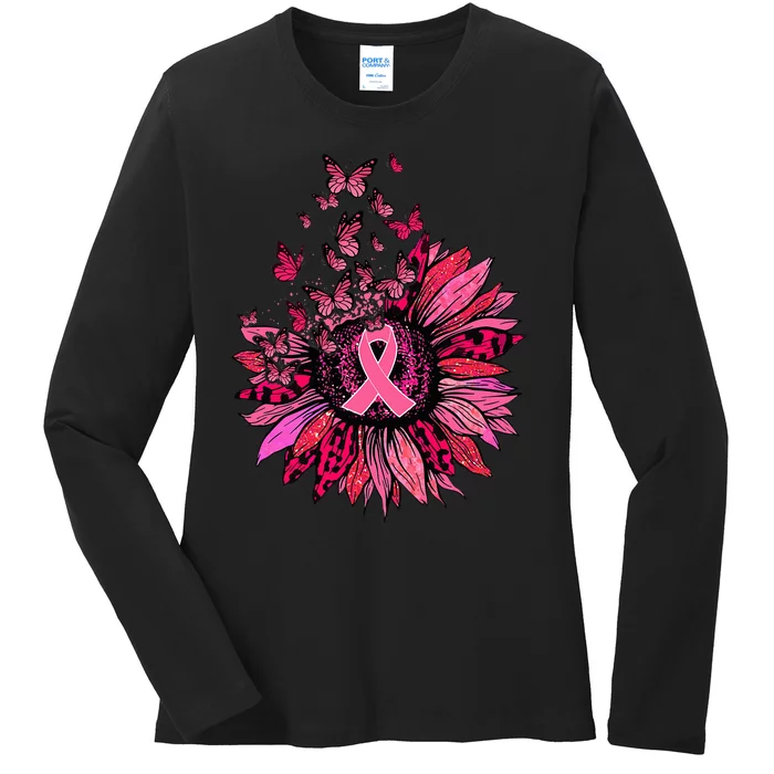 Support Squad Breast Cancer Awareness Ribbon Butterfly Ladies Long Sleeve Shirt