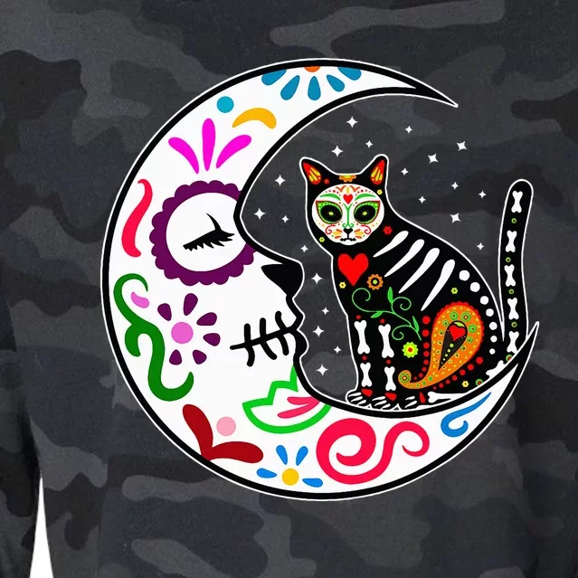 Sugar Skull Cat Moon Dia De Los Muertos Mexican Cropped Pullover Crew