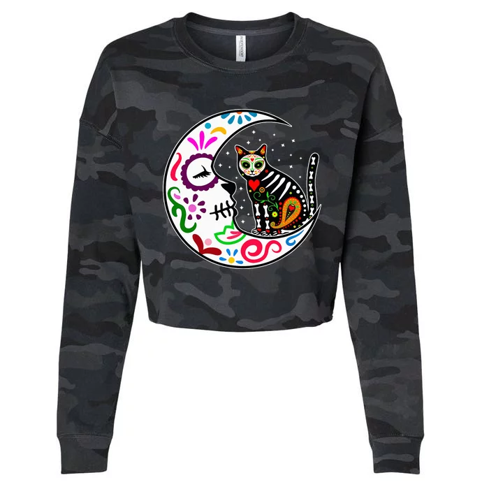 Sugar Skull Cat Moon Dia De Los Muertos Mexican Cropped Pullover Crew