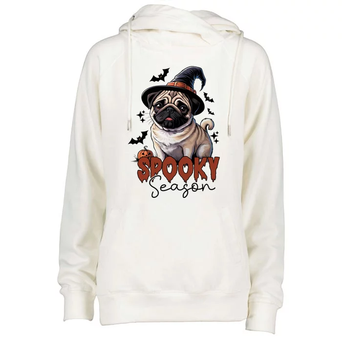 Spooky Season Cute Pug Halloween Graphic Womens Funnel Neck Pullover Hood