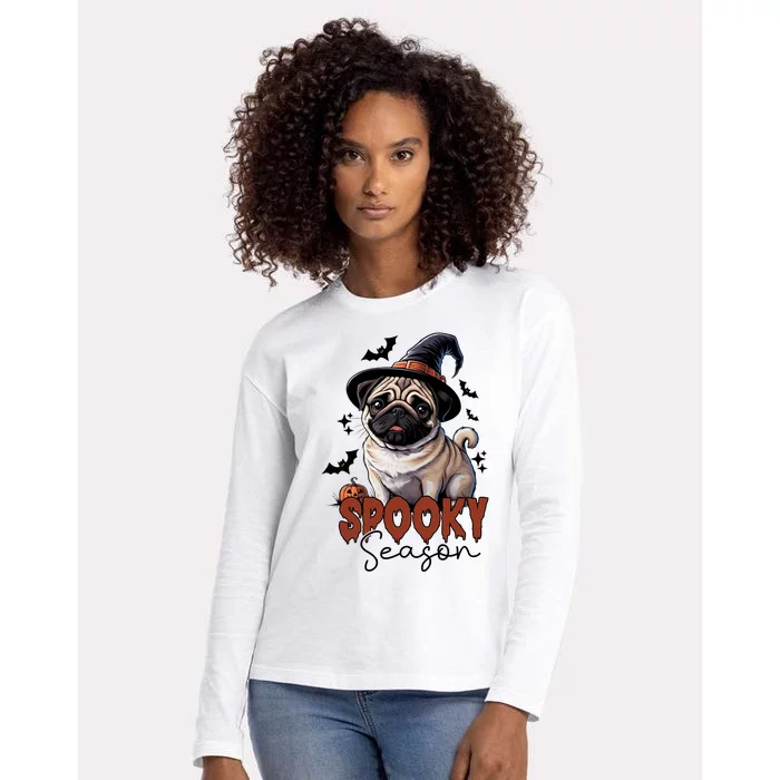 Spooky Season Cute Pug Halloween Graphic Womens Cotton Relaxed Long Sleeve T-Shirt