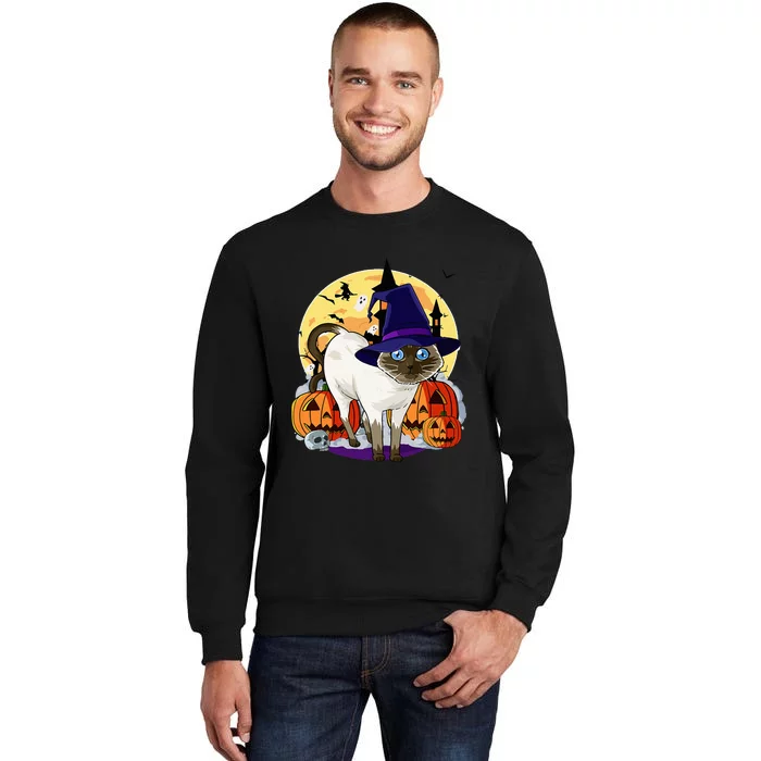 Spooky Siamese Cat Witch Pumpkin Halloween Fun Tall Sweatshirt