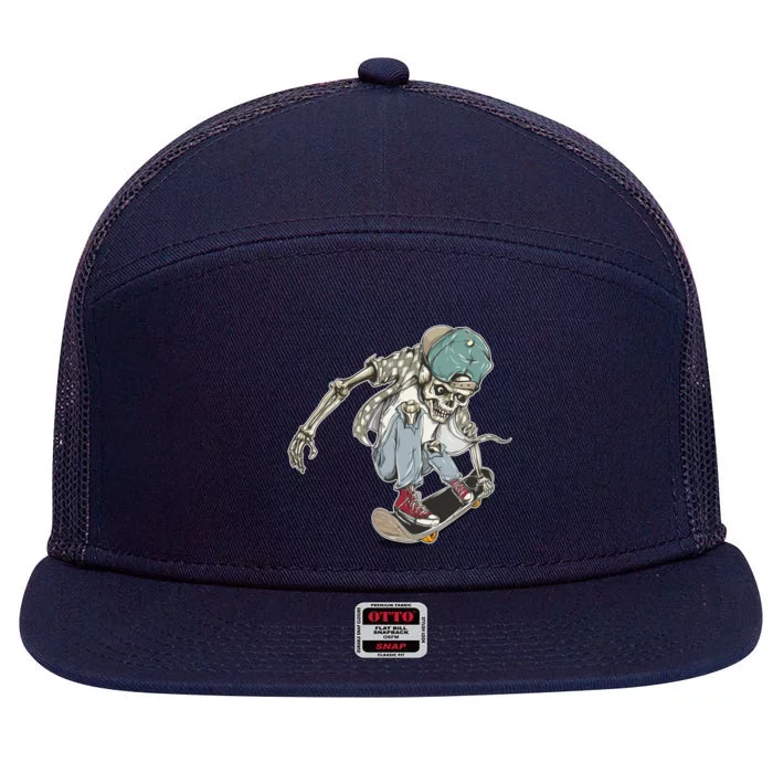 Skater Skeleton Cartoon 7 Panel Mesh Trucker Snapback Hat