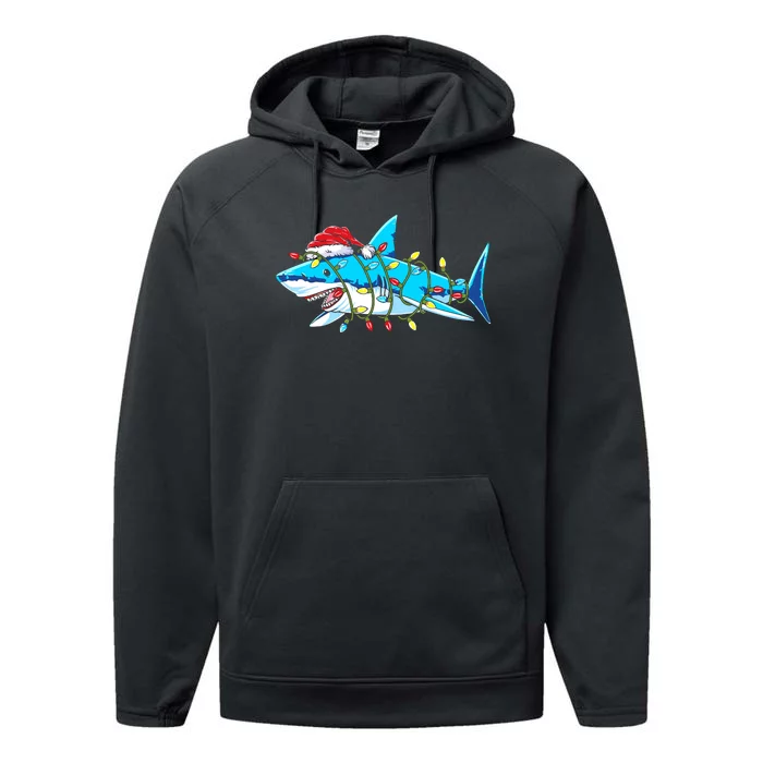 Santa Shark Christmas Lights Sharkmas Performance Fleece Hoodie