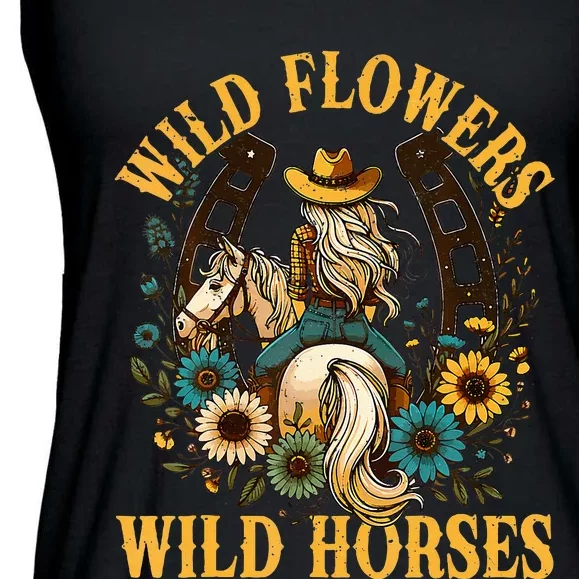 Southern Sunset Cowgirl Wild Flowers Wild Horses Ladies Essential Flowy Tank