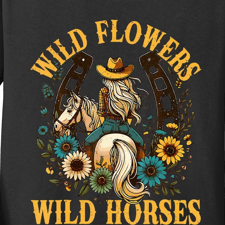 Southern Sunset Cowgirl Wild Flowers Wild Horses Kids Long Sleeve Shirt