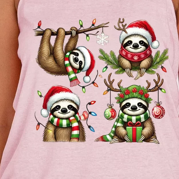 Santa Sloth Christmas Lights Funny Holiday Sloth Lover Gift Funny Gift Women's Knotted Racerback Tank