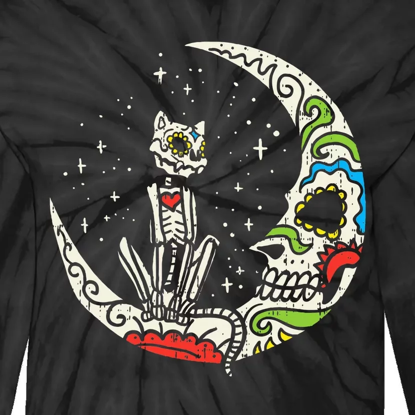 Sugar Skull Cat Moon Dia De Los Muertos Halloween Costume Tie-Dye Long Sleeve Shirt