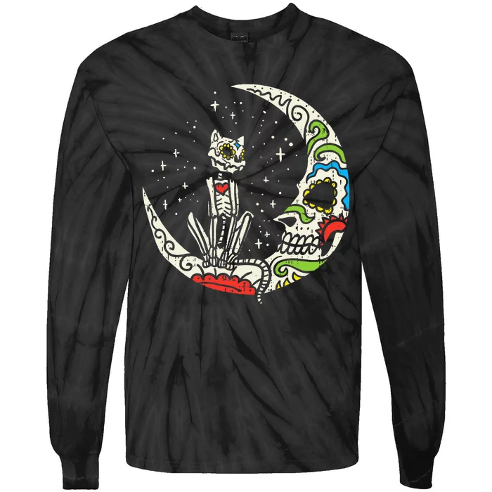 Sugar Skull Cat Moon Dia De Los Muertos Halloween Costume Tie-Dye Long Sleeve Shirt