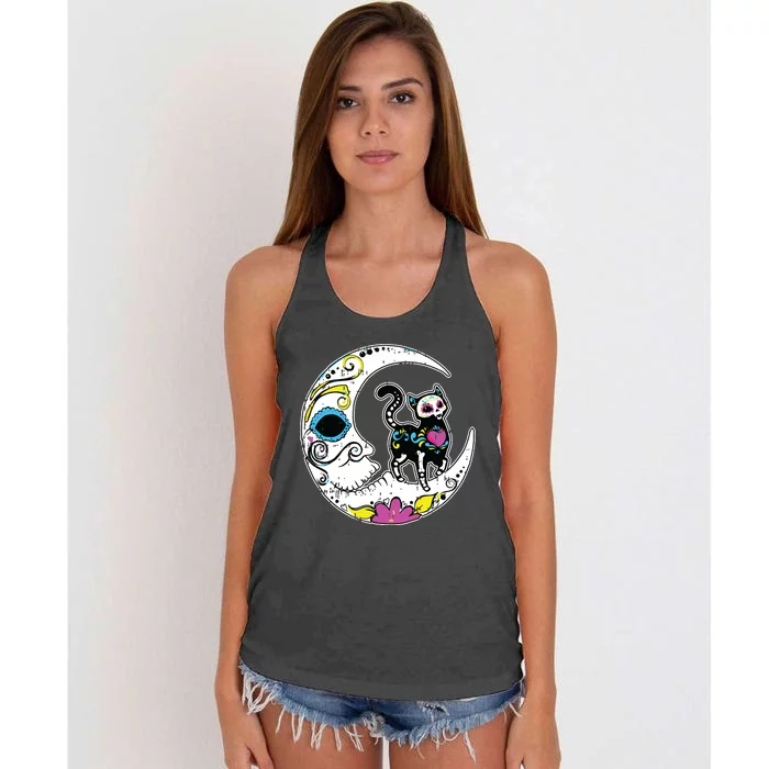 Sugar Skull Cat Moon Dia De Los Muertos Mexican Day Of Dead Women's Knotted Racerback Tank