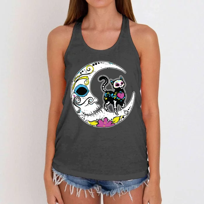 Sugar Skull Cat Moon Dia De Los Muertos Mexican Day Of Dead Women's Knotted Racerback Tank