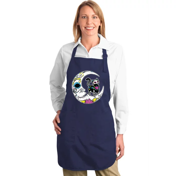 Sugar Skull Cat Moon Dia De Los Muertos Mexican Day Of Dead Full-Length Apron With Pocket