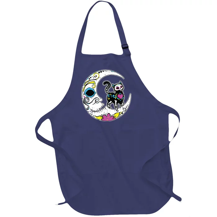 Sugar Skull Cat Moon Dia De Los Muertos Mexican Day Of Dead Full-Length Apron With Pocket