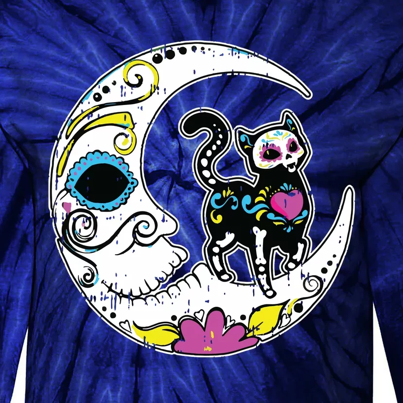 Sugar Skull Cat Moon Dia De Los Muertos Mexican Day Of Dead Tie-Dye Long Sleeve Shirt