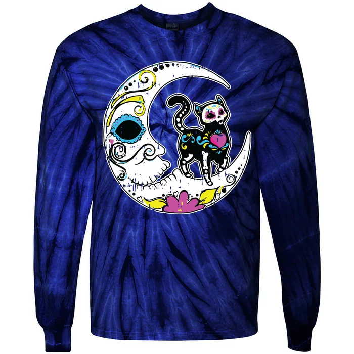 Sugar Skull Cat Moon Dia De Los Muertos Mexican Day Of Dead Tie-Dye Long Sleeve Shirt