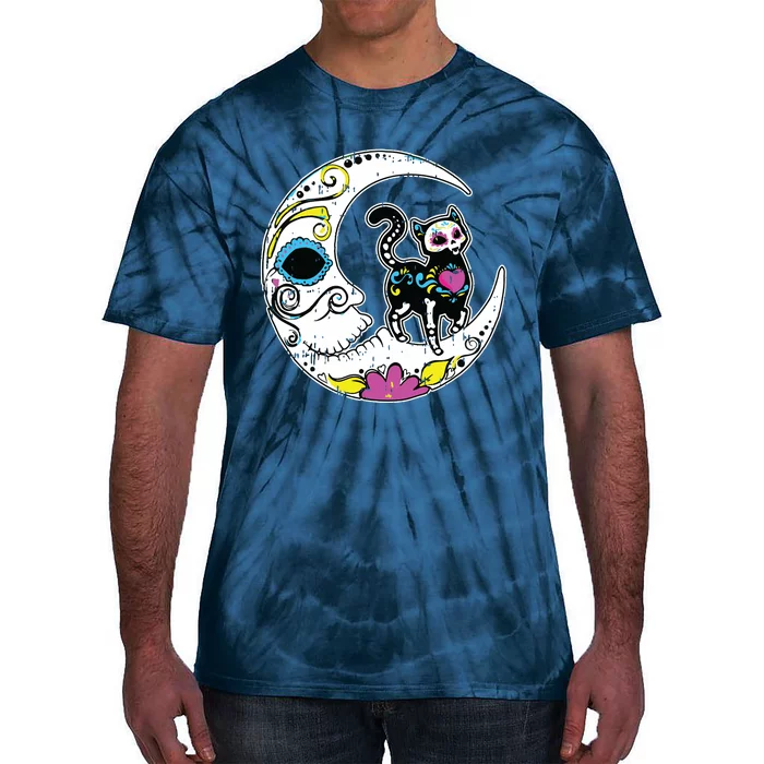 Sugar Skull Cat Moon Dia De Los Muertos Mexican Day Of Dead Tie-Dye T-Shirt