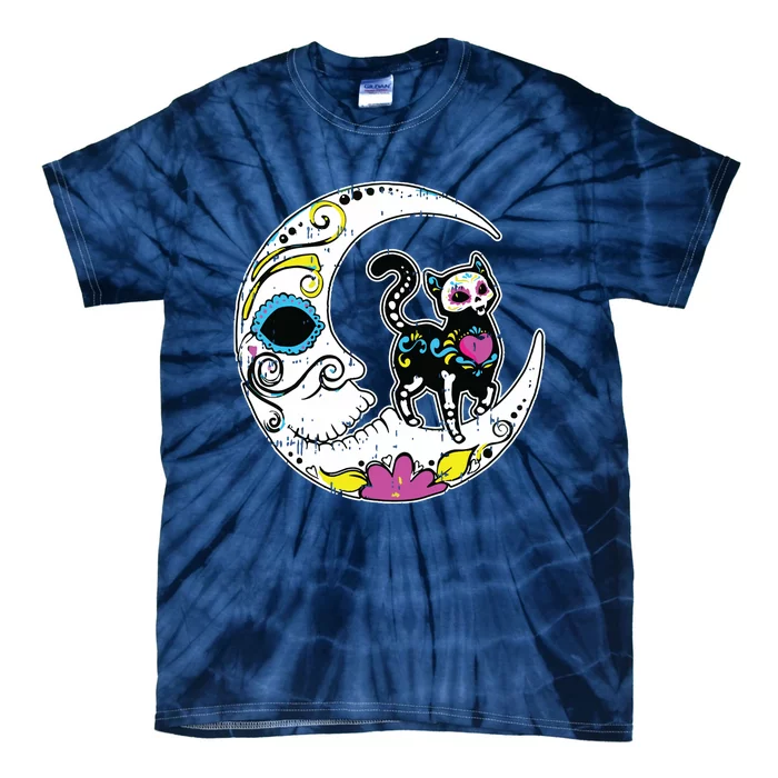 Sugar Skull Cat Moon Dia De Los Muertos Mexican Day Of Dead Tie-Dye T-Shirt