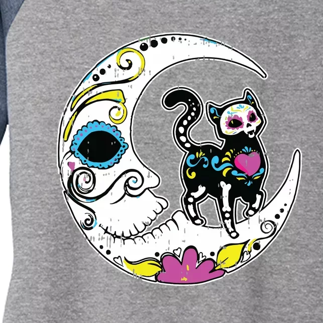 Sugar Skull Cat Moon Dia De Los Muertos Mexican Day Of Dead Women's Tri-Blend 3/4-Sleeve Raglan Shirt