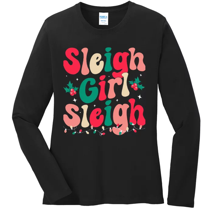 Sleigh Sleigh Christmas Retro Xmas Holiday Ladies Long Sleeve Shirt