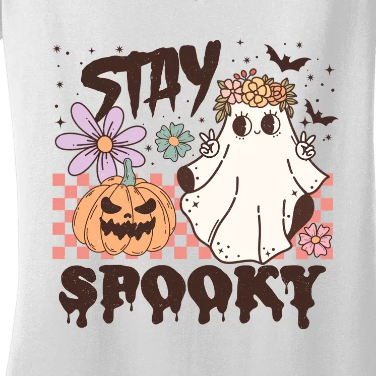 Stays Spooky Cute Ghost Pumpkin Halloween Spooky Season Women's V-Neck T-Shirt