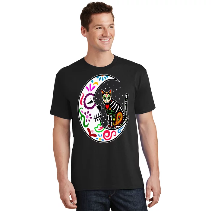 Sugar Skull Cat Moon Dia De Los Muertos Mexican Day of Dead T-Shirt