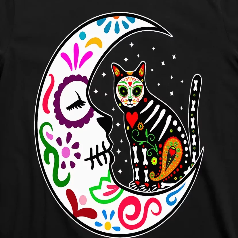 Sugar Skull Cat Moon Dia De Los Muertos Mexican Day of Dead T-Shirt