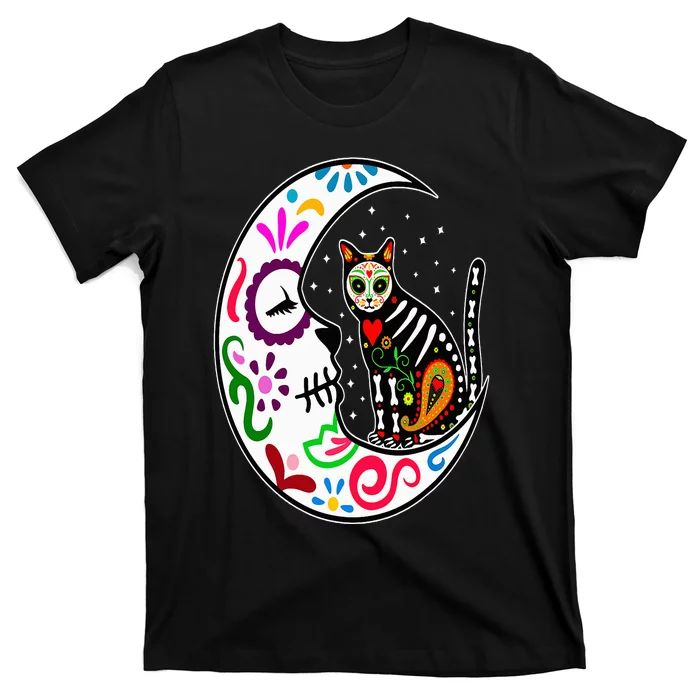 Sugar Skull Cat Moon Dia De Los Muertos Mexican Day of Dead T-Shirt