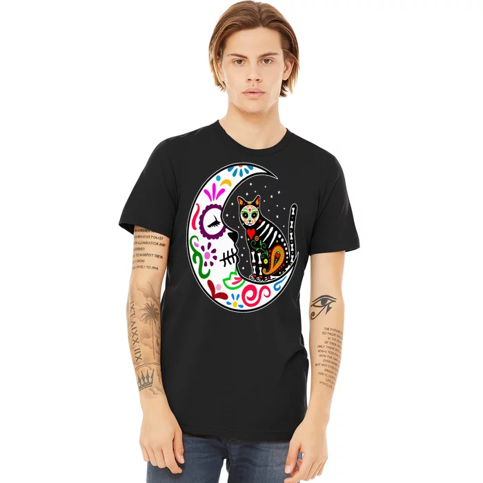 Sugar Skull Cat Moon Dia De Los Muertos Mexican Day of Dead Premium T-Shirt