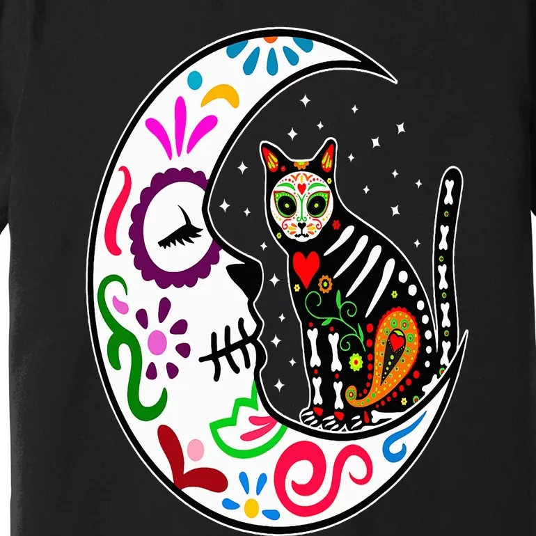 Sugar Skull Cat Moon Dia De Los Muertos Mexican Day of Dead Premium T-Shirt